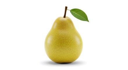 A single fresh and ripe yellow pear with a green leaf and stem, isolated on a clean white background with a soft shadow.