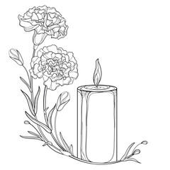 Corner bouquet with outline two Carnation flowers and burning candle in black isolated on white background. 