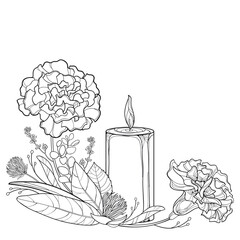 Bunch with two outline Carnation flowers, leaves and burning candle in black isolated on white background. 