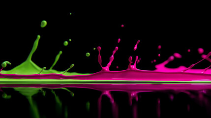 A striking abstract image featuring vibrant neon pink and acid green liquids splashing and spreading horizontally on a reflective black surface. Droplets are suspended in the air, creating a dynamic 