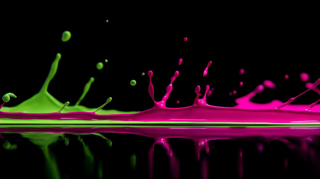 A striking abstract image featuring vibrant neon pink and acid green liquids splashing and spreading horizontally on a reflective black surface. Droplets are suspended in the air, creating a dynamic  - Powered by Adobe