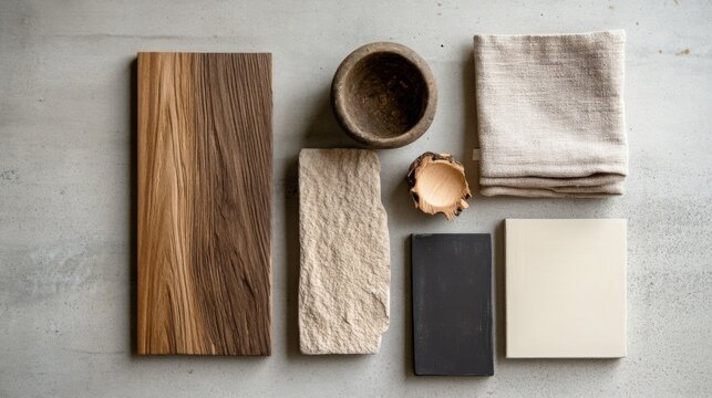 Moodboard for architects with paints, textiles and wood panels in neutral tones. 