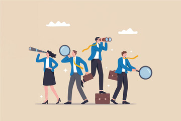 Flat Design Illustration of Four Business Professionals with Tools and Dynamic Poses Against Beige Background with White Clouds