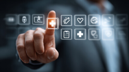 Person interacts with digital health interface, selecting medical icon on virtual screen