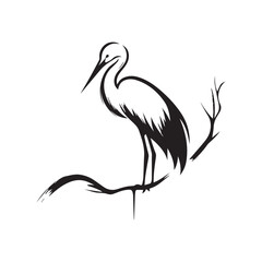 minimalist crane perched on a brach with one stoke design