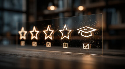 Glowing digital certificate badge with five stars and graduation cap symbolizes achievement and excellence