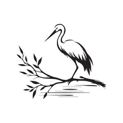 minimalist crane perched on a brach with one stoke design