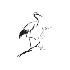 minimalist crane perched on a brach with one stoke design