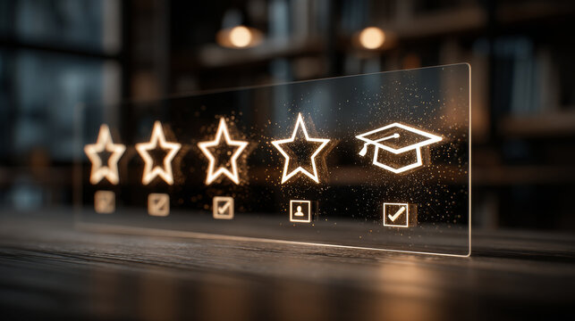 Glowing digital certificate badge with five stars and graduation cap symbolizes achievement and excellence