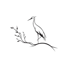 minimalist crane perched on a brach with one stoke design