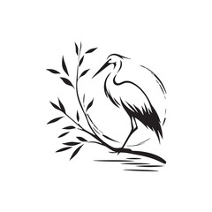 minimalist crane perched on a brach with one stoke design