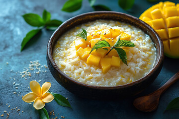 An oriental dish of rice and mango in a clay bowl. Generated by artificial intelligence