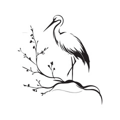 minimalist crane perched on a brach with one stoke design