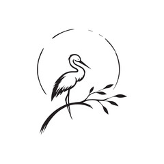 minimalist crane perched on a brach with one stoke design