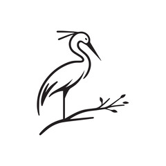 minimalist crane perched on a brach with one stoke design