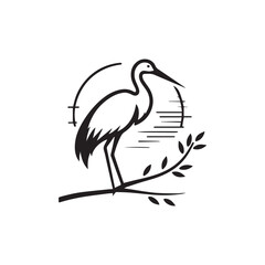 minimalist crane perched on a brach with one stoke design