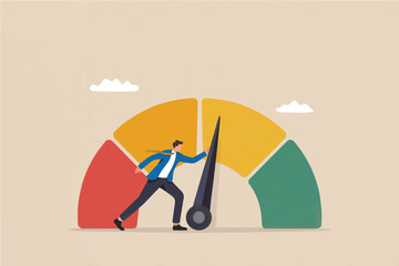 Vector cartoon illustration of businessman moving speedometer needle to green isolated on transparent background