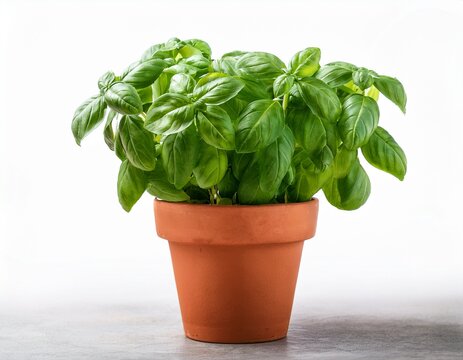 isolated of basil potted in terracotta plant pot front view