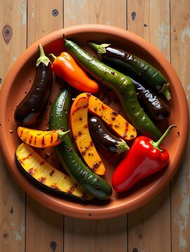 A terracotta platter overflows with grilled vegetables eggplants, zucchini and bell peppers in sunset hues.