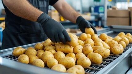 Supermarket cashier organizing scanned potatoes on the conveyor belt for the customer. 