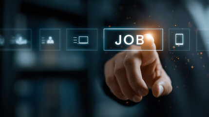 Person interacts with digital job application interface, highlighting word JOB on futuristic screen