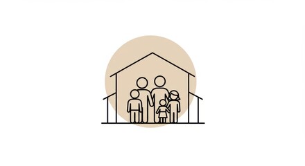 Fototapeta premium Simple family home icon, line drawing, beige circle background.