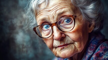 Elderly Woman Portrait with Glasses and Blue Eyes