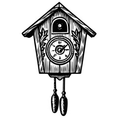 Classic cuckoo clock with wooden house design and pendulum. Detailed cuckoo clock illustration features ornate carvings and a traditional clock face.