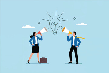 Flat Minimalist Illustration of Two Business Professionals Communicating Through Megaphones with Light Bulb Idea