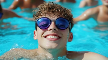 Naklejka premium Young man enjoying the sun in a pool while his friends engage in fun water games. 