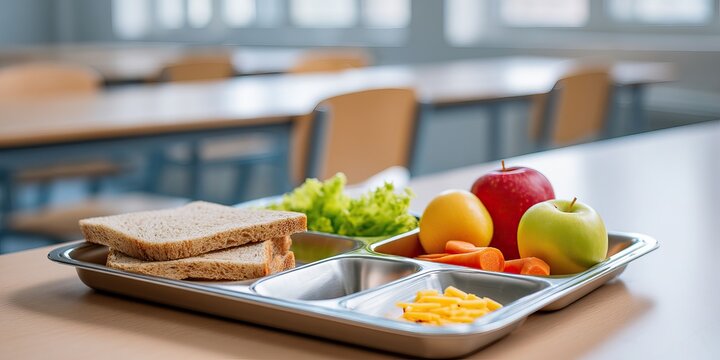 Cafeteria tray with lunch arranged neatly tray on left side table clean on right for copyspace lunch items detailed and realistic soft background of school canteen neutral tones 