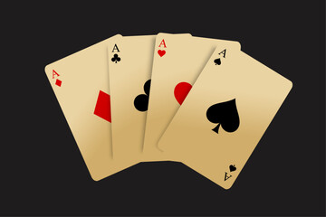 Four golden playing cards with all aces of spades, hearts, clubs, and diamonds on black background
