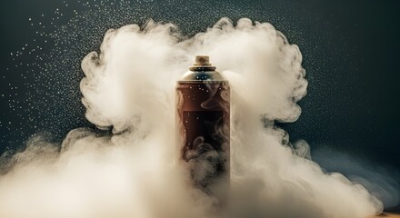 brown Aerosol Spray Can Surrounded by Dense Water Vapor
