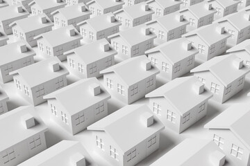 Array of rows of pure white houses on a white background. Illustration of the concept of real estate properties and residential housing issues