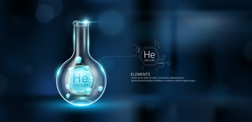 Blue model helium molecules in glass beaker sphere test tube on dark blue background. Minerals sample science experiment. Scientific research concept. Vector EPS10.