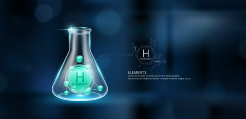 Green model hydrogen molecules in glass beaker triangle test tube on dark blue background. Minerals sample science experiment. Scientific research concept. Vector EPS10. © Adisak