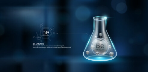 Dark grey model beryllium (Be) molecules in glass beaker triangle test tube on dark blue background. Minerals sample science experiment. Scientific research concept. Vector EPS10.