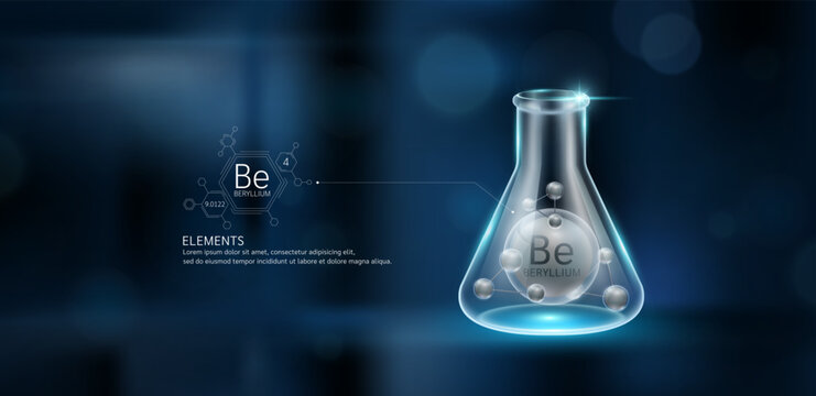 Dark grey model beryllium (Be) molecules in glass beaker triangle test tube on dark blue background. Minerals sample science experiment. Scientific research concept. Vector EPS10.