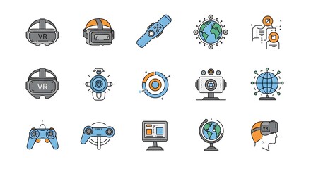 Collection of Futuristic Technology Icons Representing Virtual Reality, Global Connectivity, and Digital Innovation