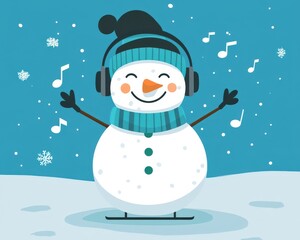 Fototapeta premium Cheerful snowman wearing headphones and scarf, enjoying music in a snowy winter landscape with falling snowflakes.
