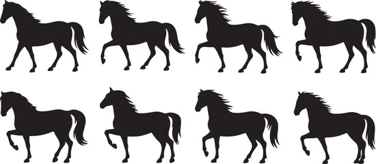 Herd of horses gallops fast. Image silhouette. Wild and domestic animals. Isolated on white background. Vector