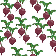 Seamless pattern with a flat-style vector beetroot featuring a vibrant red taproot and lush green leaves—perfect for organic food branding, recipe illustrations, packaging design, or wellness blogs