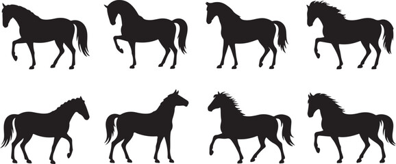 Herd of horses gallops fast. Image silhouette. Wild and domestic animals. Isolated on white background. Vector