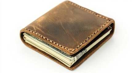 Brown leather wallet with money