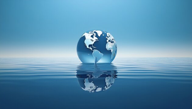 globe floating on water surface with soft ripples and clear reflection on blue background in minimalist 3d style use for ecology visuals water conservation ads sustainability content and educatio