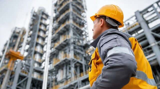 Industry Overseer: A dedicated worker, clad in protective gear, stands tall with a gaze directed towards a towering industrial complex, embodying the essence of industry