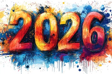 Colorful 2026 numbers in vibrant artistic paint splatter style on white background with abstract expressionist design Generative AI