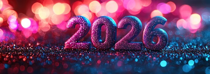Glittery 2026 numbers with vibrant pink blue bokeh lights and sparkling festive background for new year celebration Generative AI