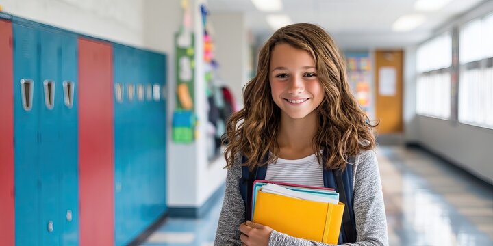 Smiling schoolgirl holding books in a hallway with lockers on one side and a clean empty bulletin board on the other, daylight pouring in through windows, vibrant school decor - Powered by Adobe