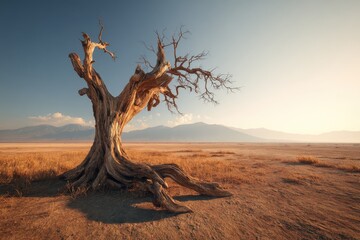 Lone dead tree in desert plain at golden hour sunset